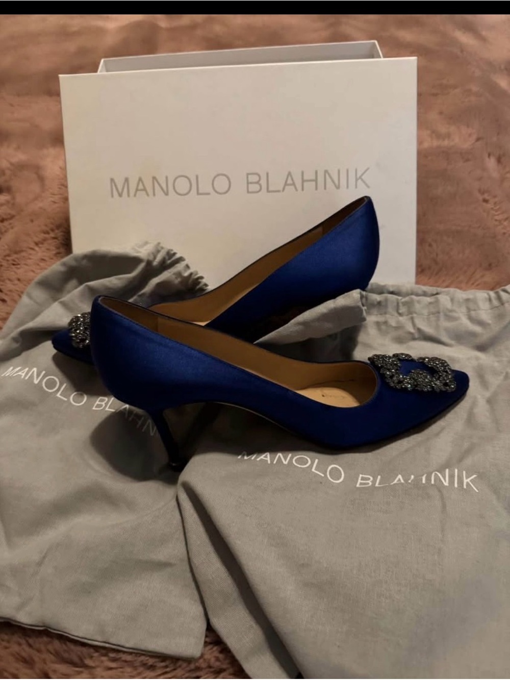 Manolo Blahnik Cobalt Blue Satin Jeweled Kitten Heels